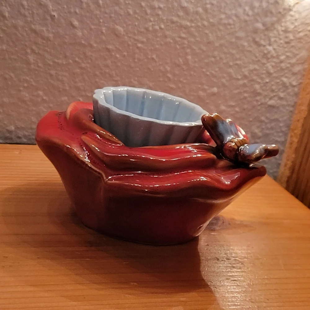Vtg Ceramic Butterfly Flower Votive Candle Holder Removable Inner Ceramic Liner